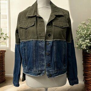 Dear John Denim & Olive Green Streetwear Utility Grunge Trucker Jacket XS